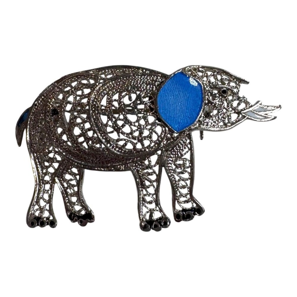 Vtg Portugal Sterling Silver Filigree Elephant Brooch Blue Butterfly Wing READ